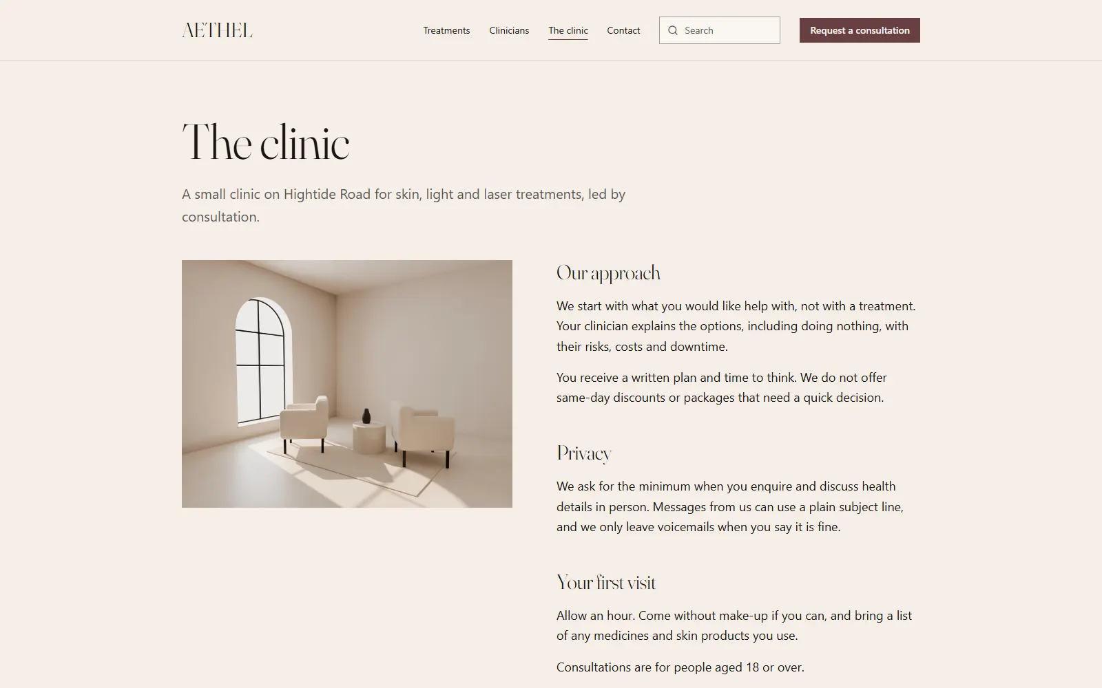 Aethel, The clinic page on desktop