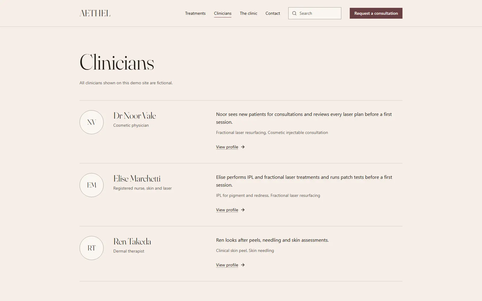 Aethel, Clinicians page on desktop