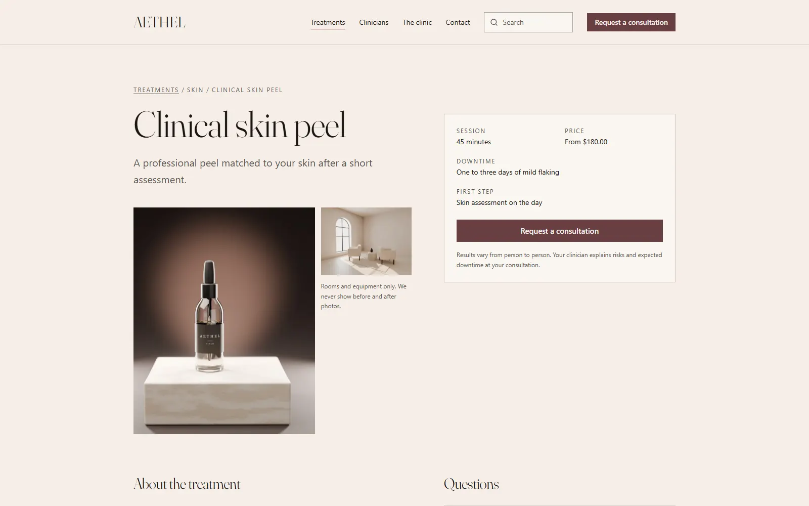 Aethel, Treatment detail page on desktop