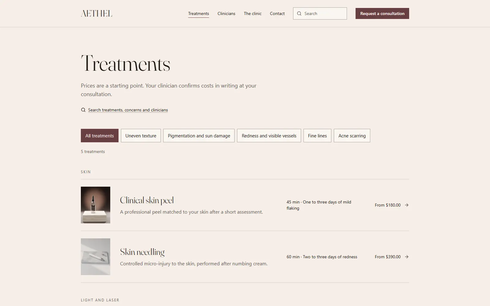 Aethel, Treatments page on desktop