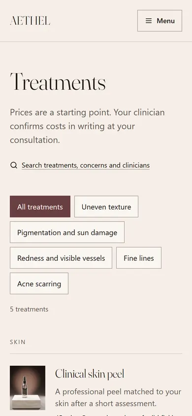 Aethel, Treatments page on a phone