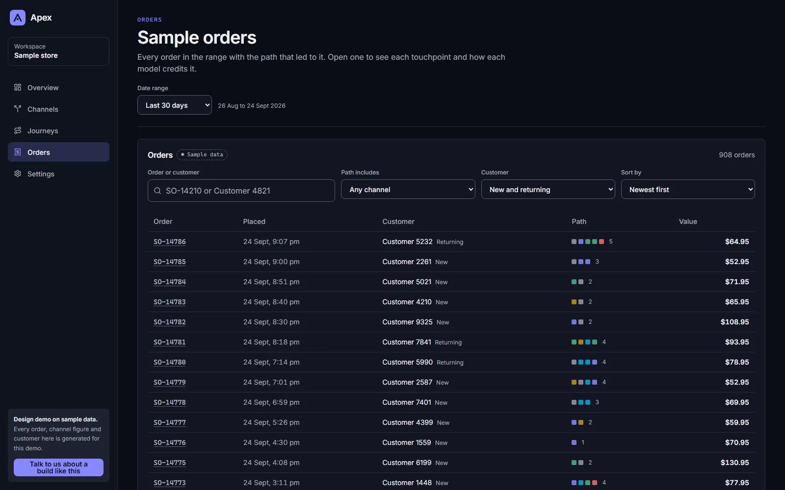 Apex, Orders page on desktop