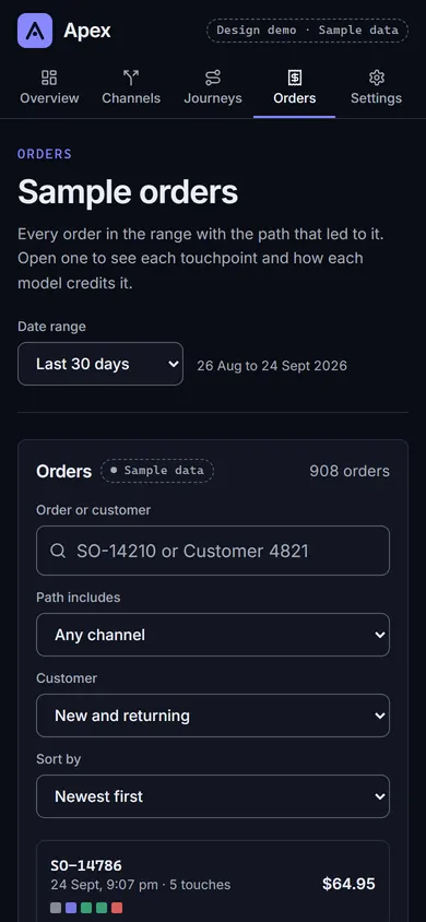 Apex, Orders page on a phone
