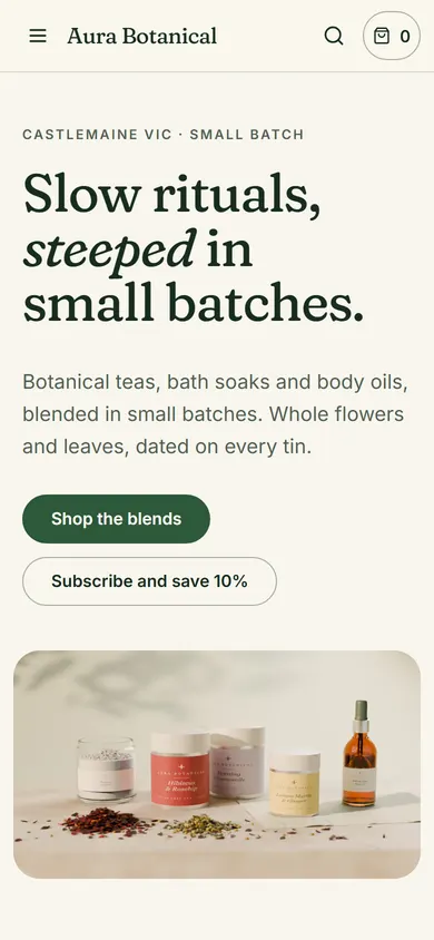 Aura Botanical, Home page on a phone