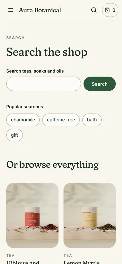 Aura Botanical, Search page on a phone