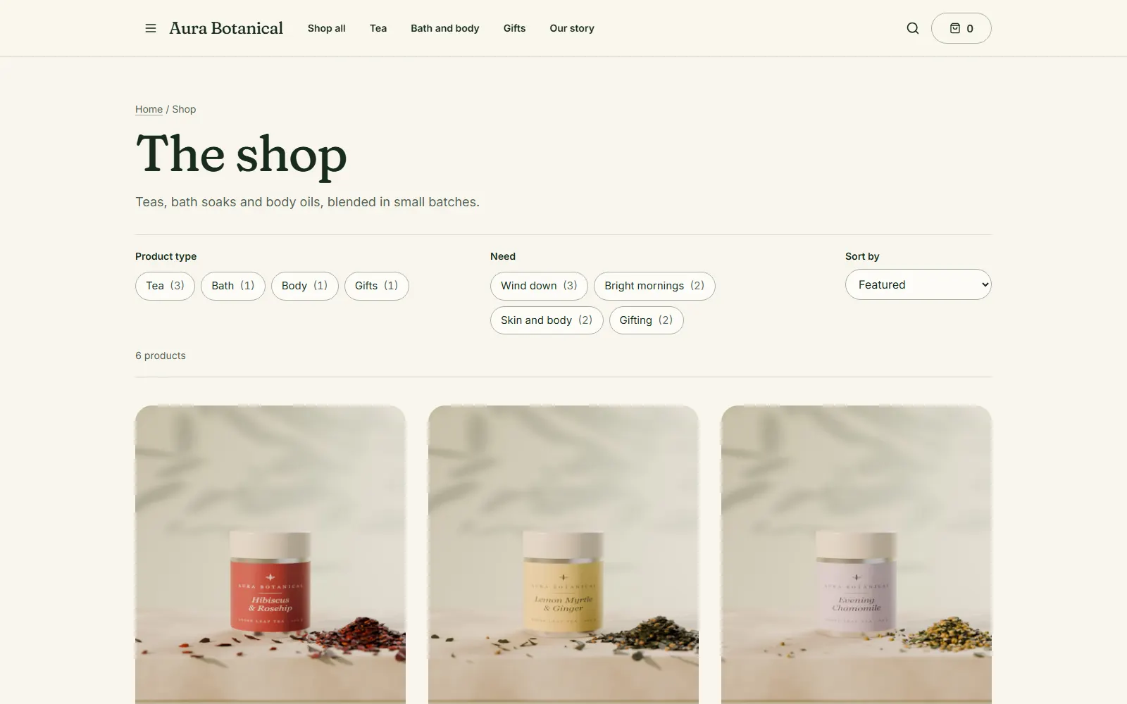 Aura Botanical, Shop page on desktop