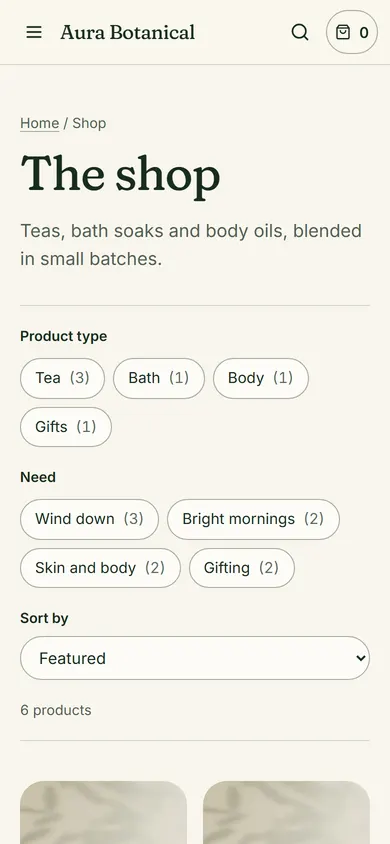 Aura Botanical, Shop page on a phone