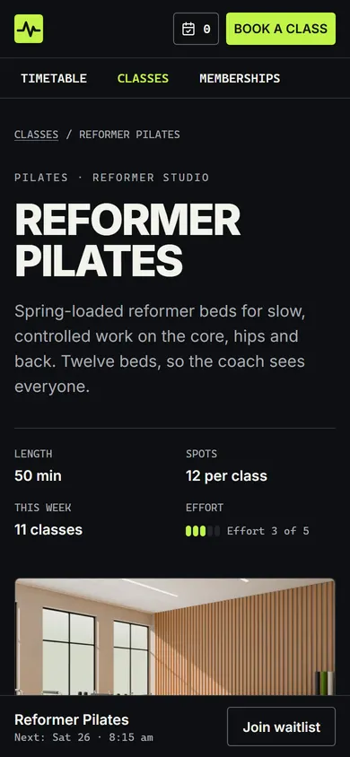 Kinetic Pulse, Class detail page on a phone