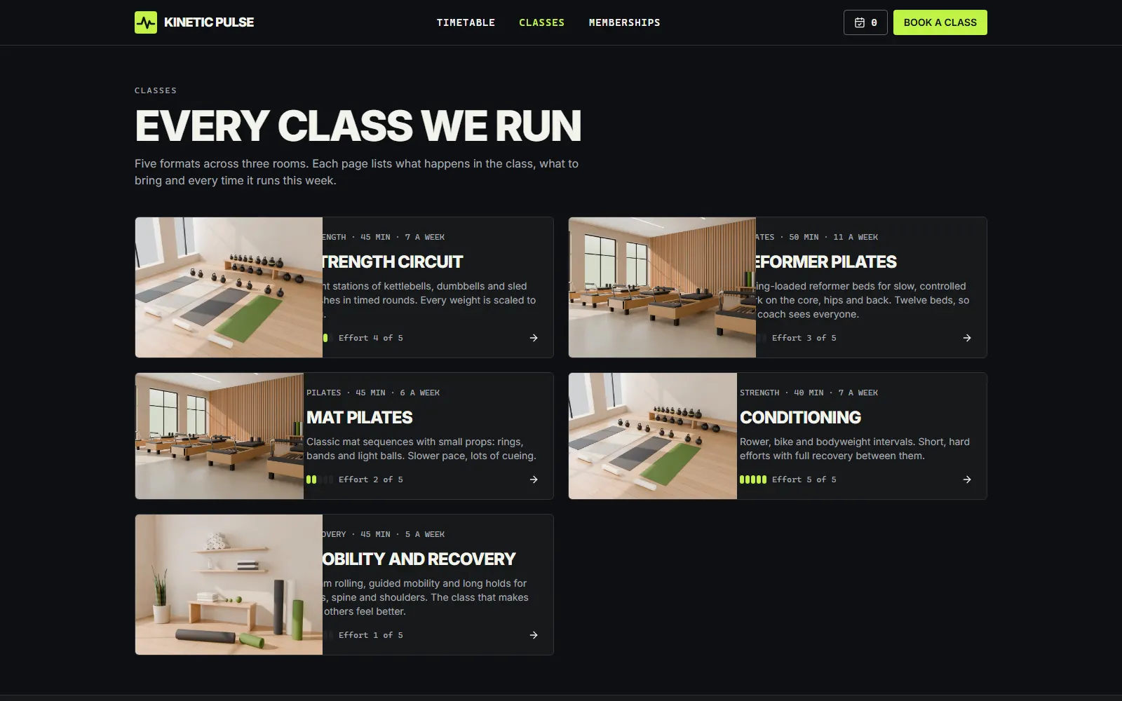 Kinetic Pulse, Classes page on desktop