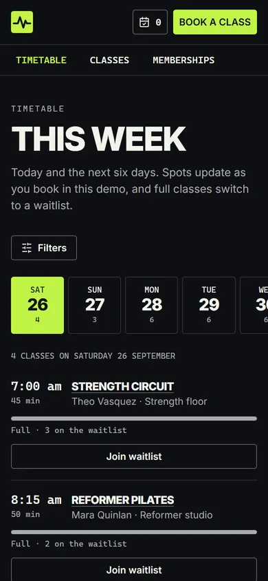 Kinetic Pulse, Timetable page on a phone