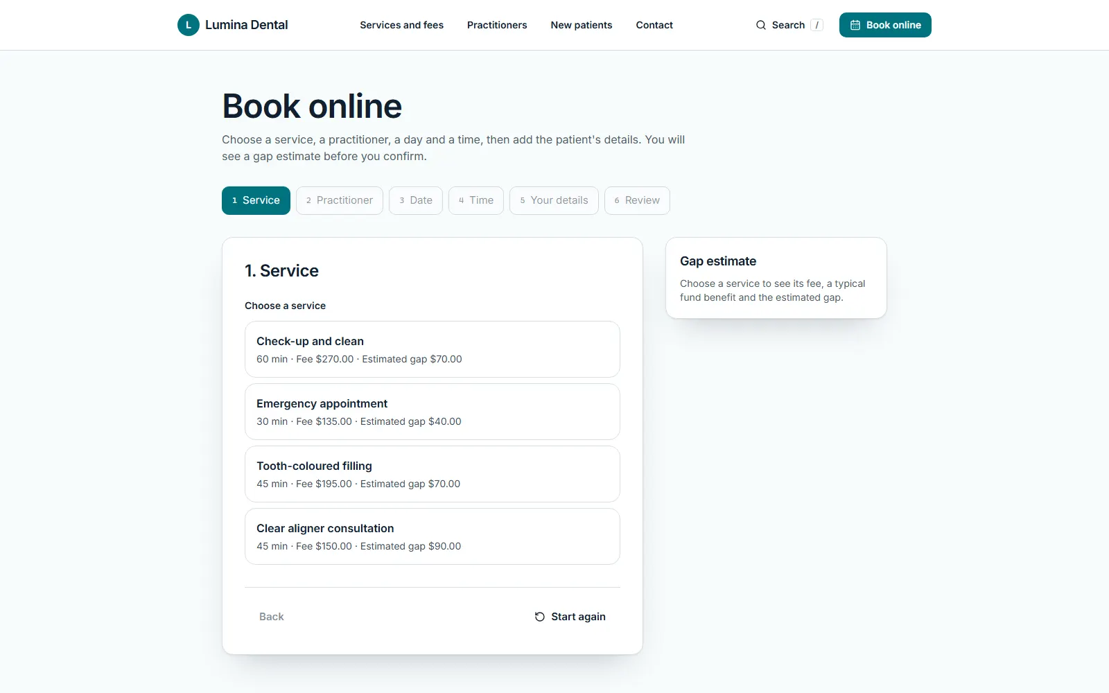 Lumina Dental, Book online page on desktop