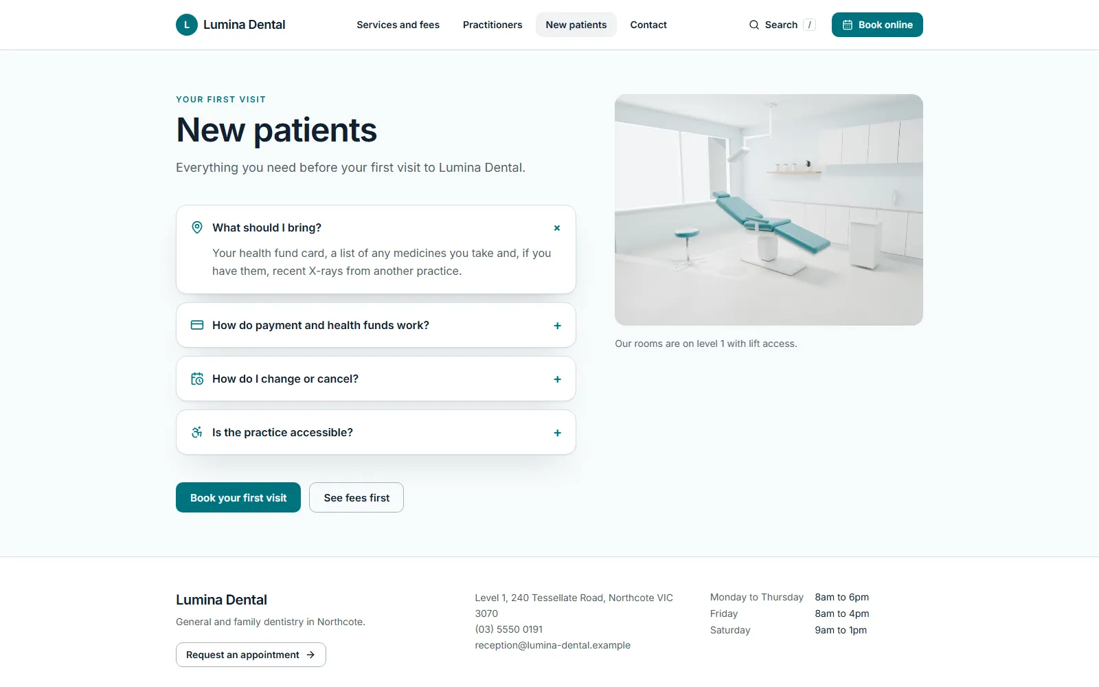 Lumina Dental, New patients page on desktop