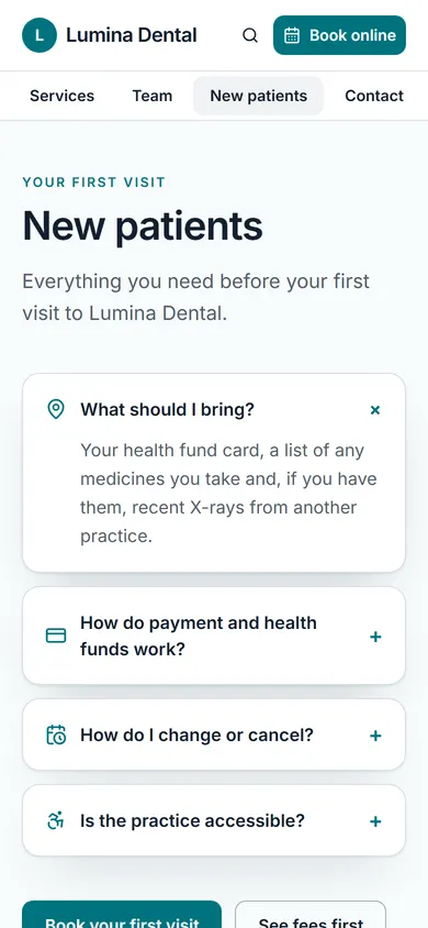 Lumina Dental, New patients page on a phone