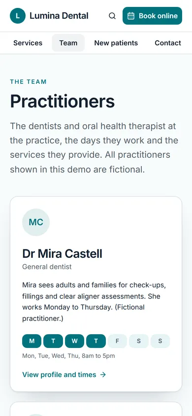 Lumina Dental, Practitioners page on a phone