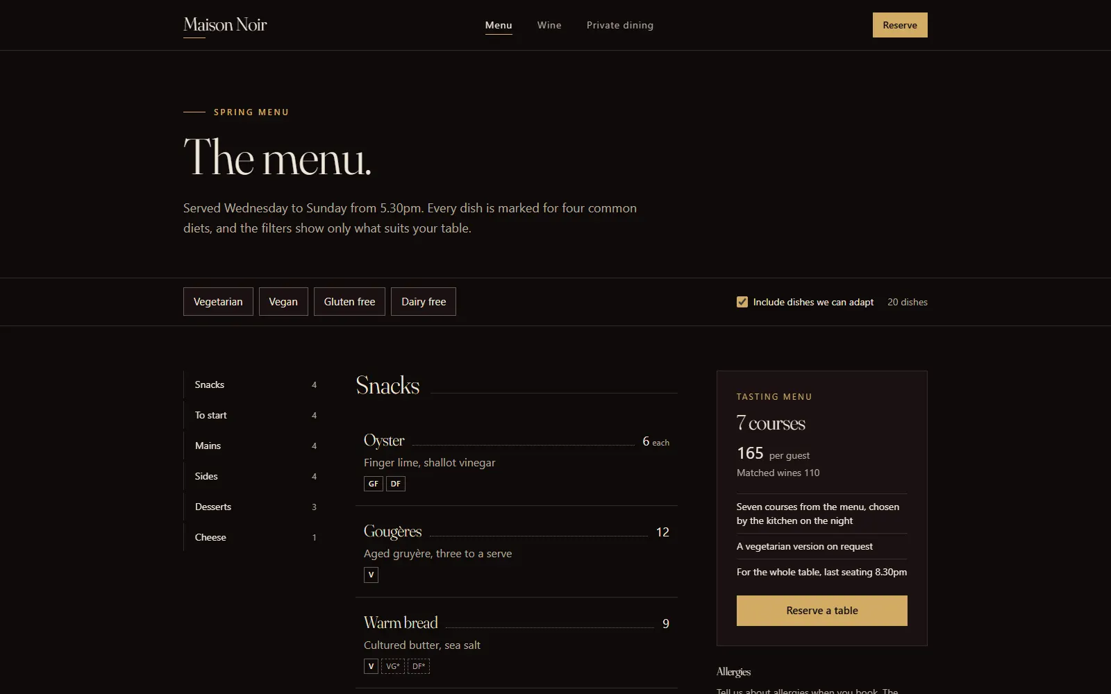 Maison Noir, Menu page on desktop