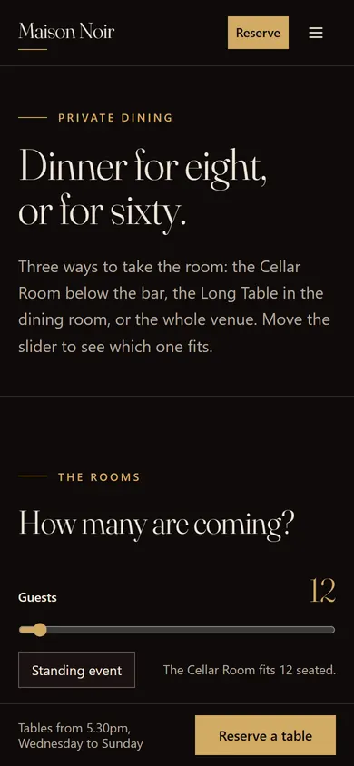 Maison Noir, Private dining page on a phone