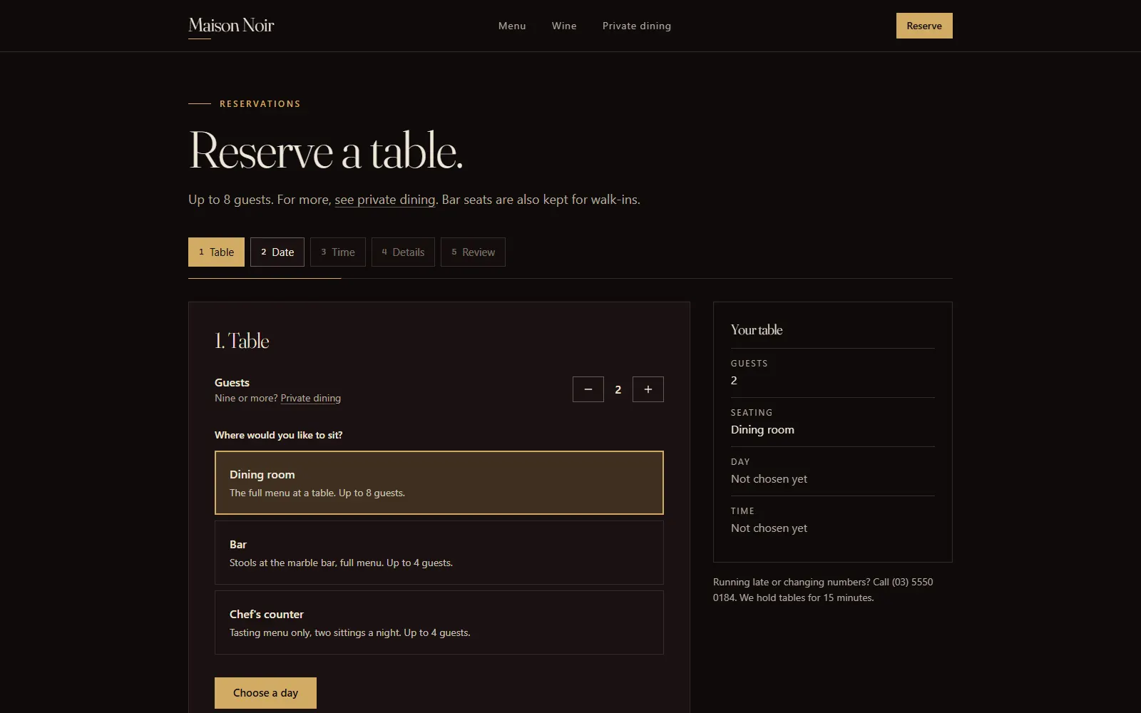 Maison Noir, Reserve page on desktop