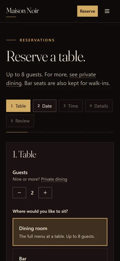 Maison Noir, Reserve page on a phone