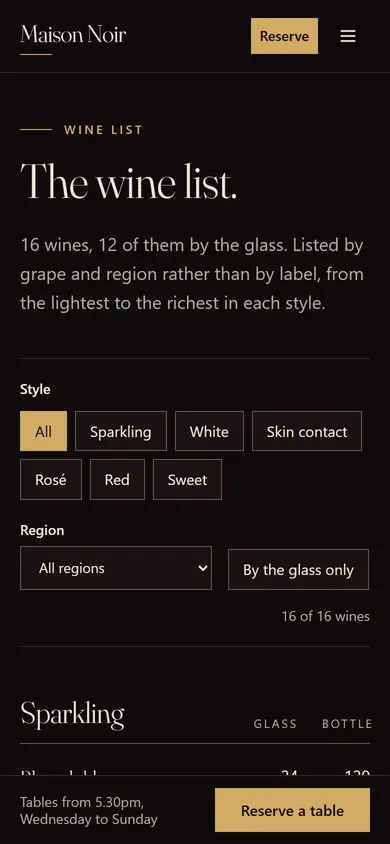 Maison Noir, Wine page on a phone