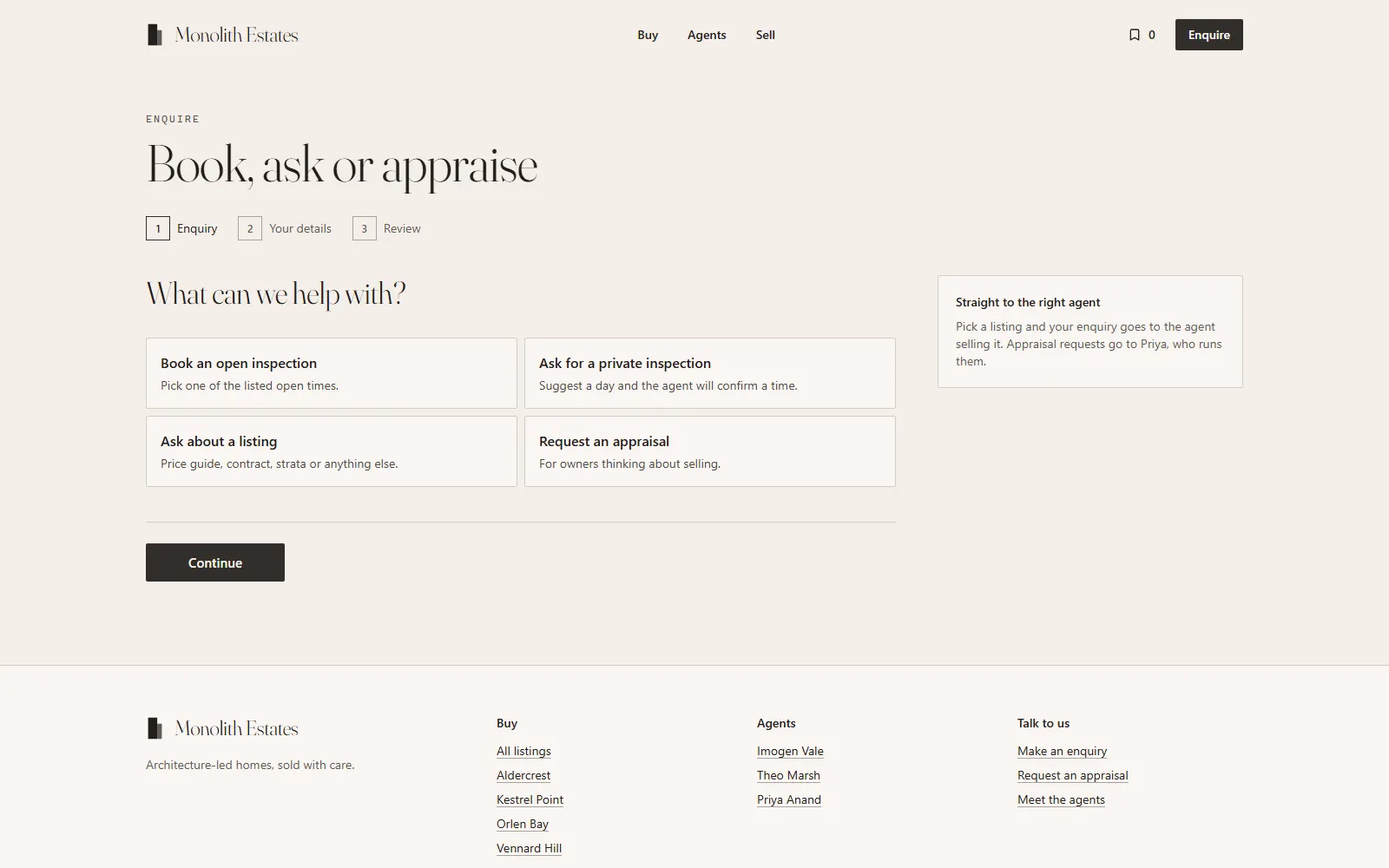 Monolith Estates, Enquire page on desktop