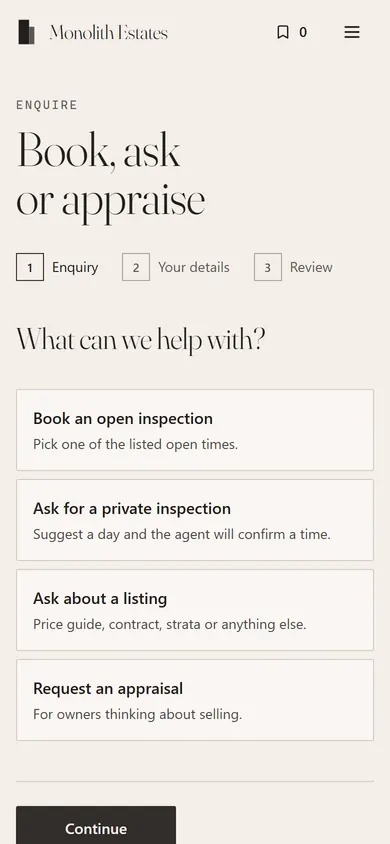 Monolith Estates, Enquire page on a phone