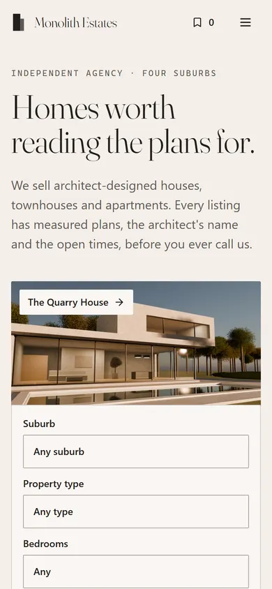 Monolith Estates, Home page on a phone