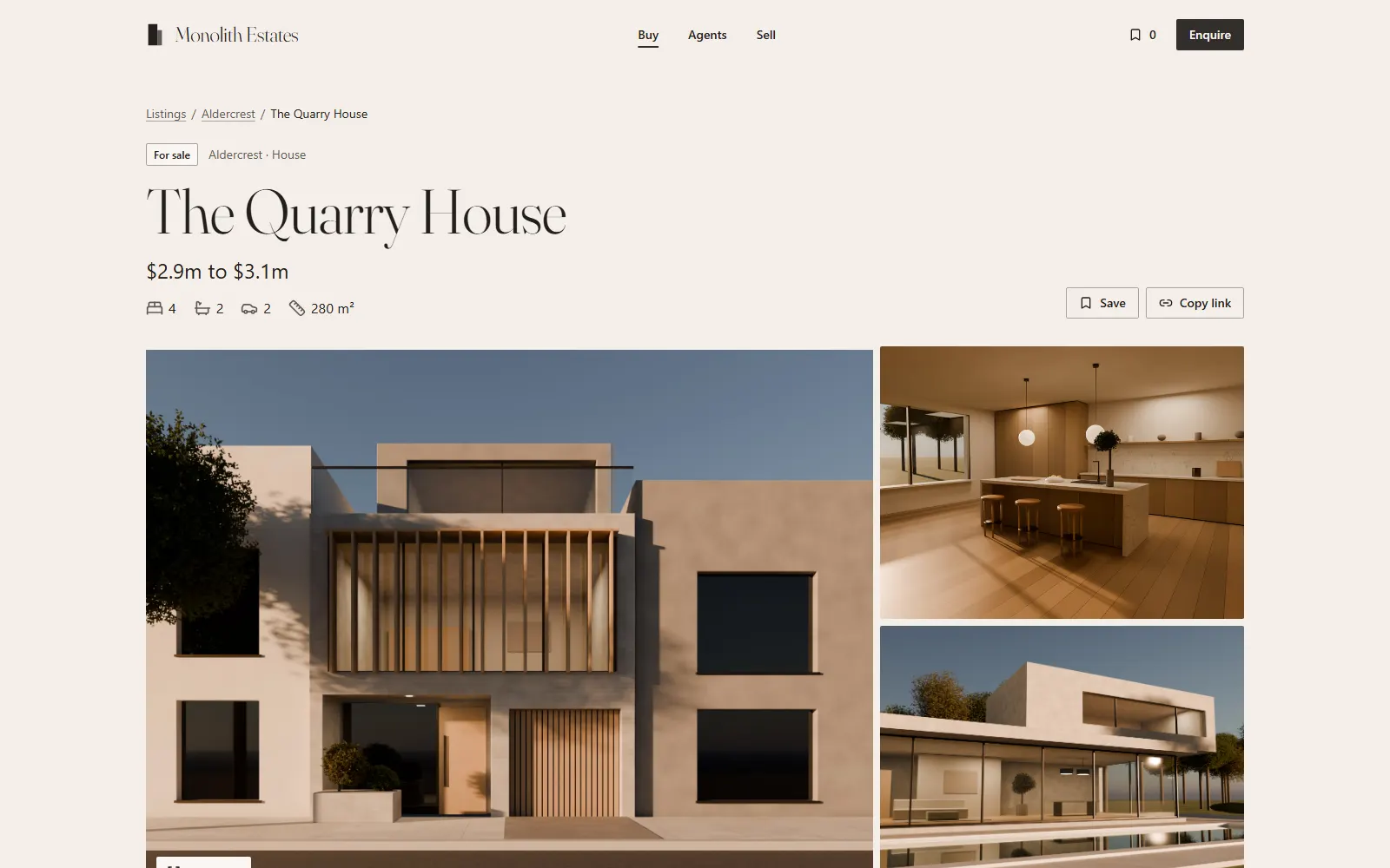 Monolith Estates, Listing detail page on desktop
