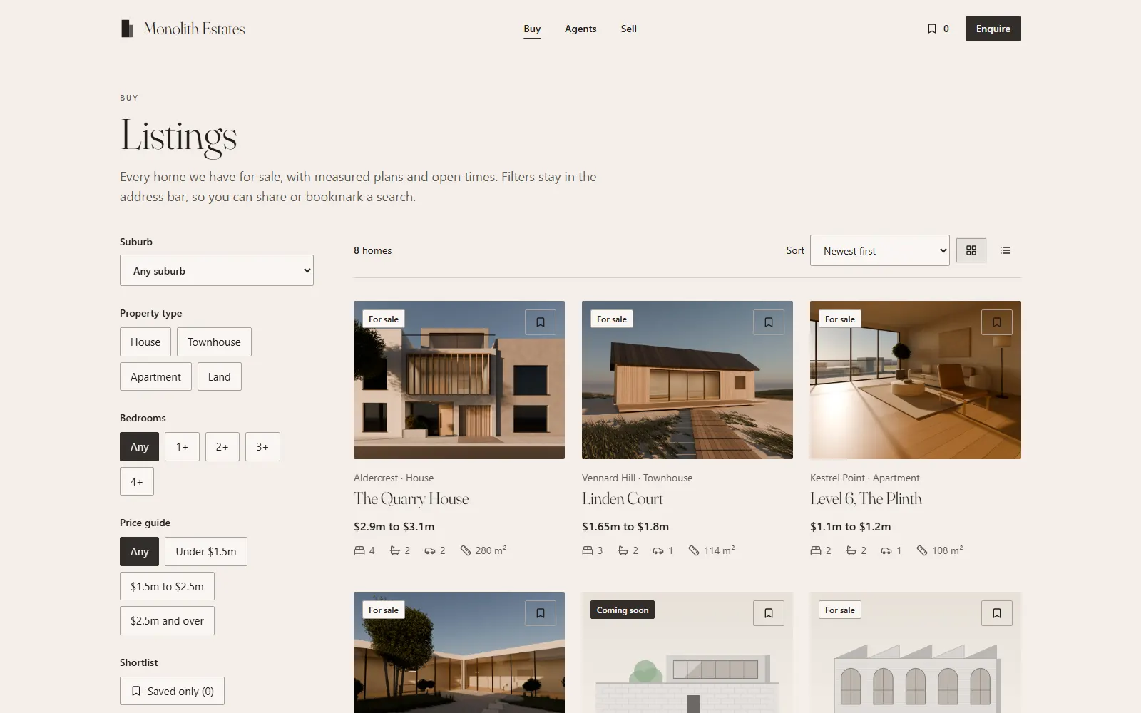 Monolith Estates, Listings page on desktop