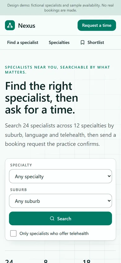 Nexus Specialist Directory, Home page on a phone