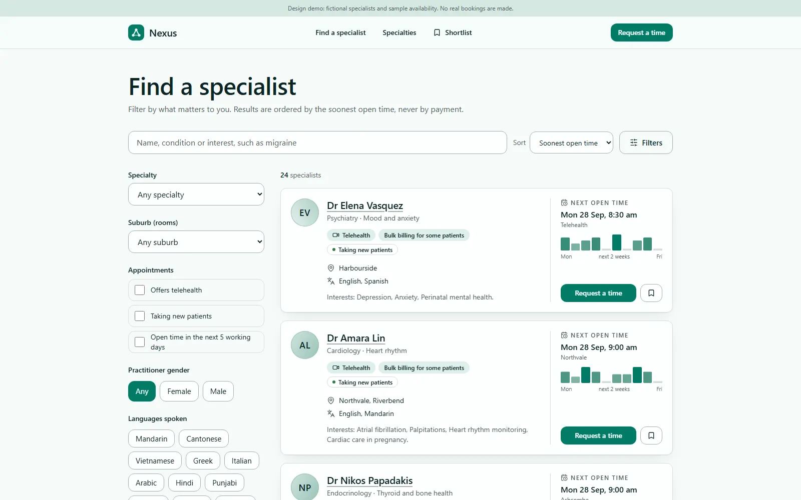 Nexus Specialist Directory, Search page on desktop