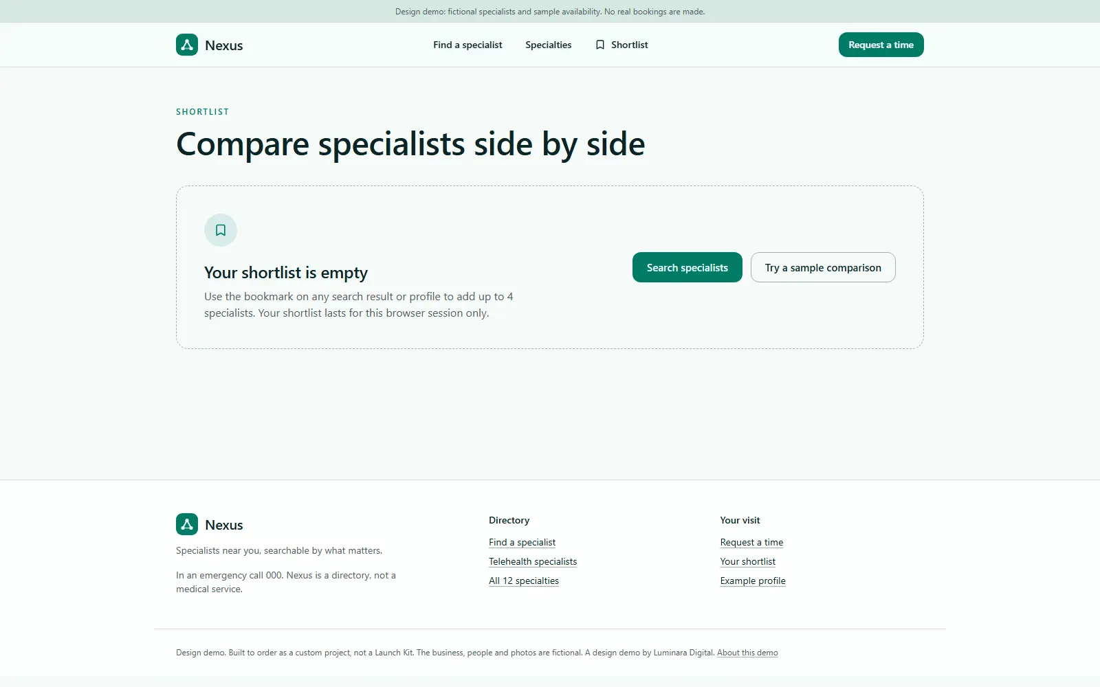 Nexus Specialist Directory, Shortlist page on desktop