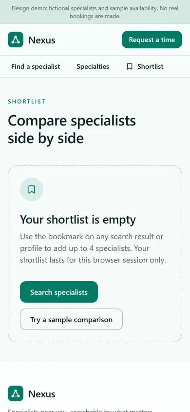 Nexus Specialist Directory, Shortlist page on a phone