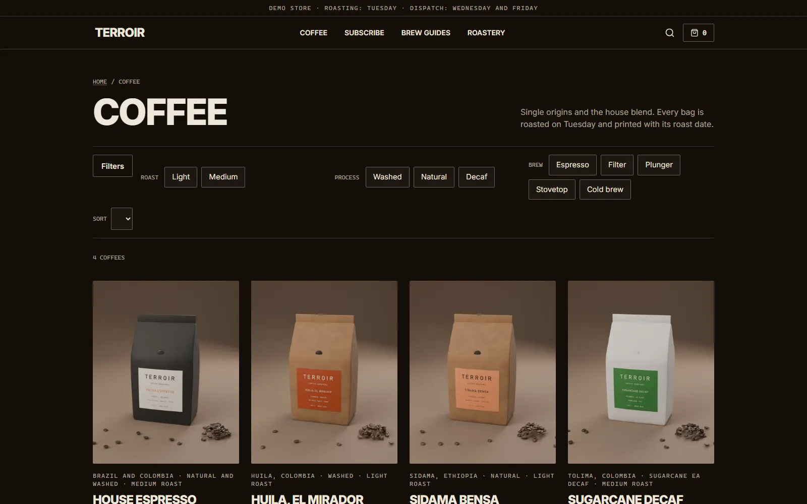 Terroir, Coffees page on desktop