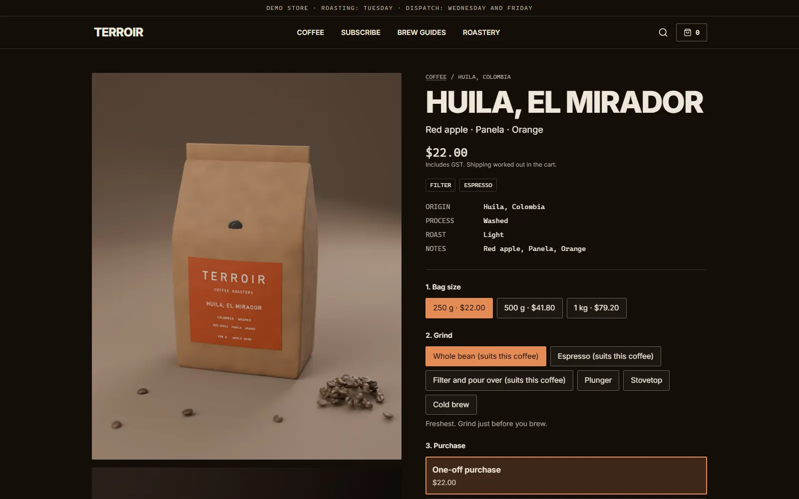 Terroir, Coffee detail page on desktop