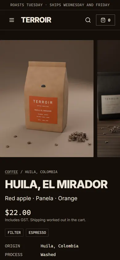 Terroir, Coffee detail page on a phone