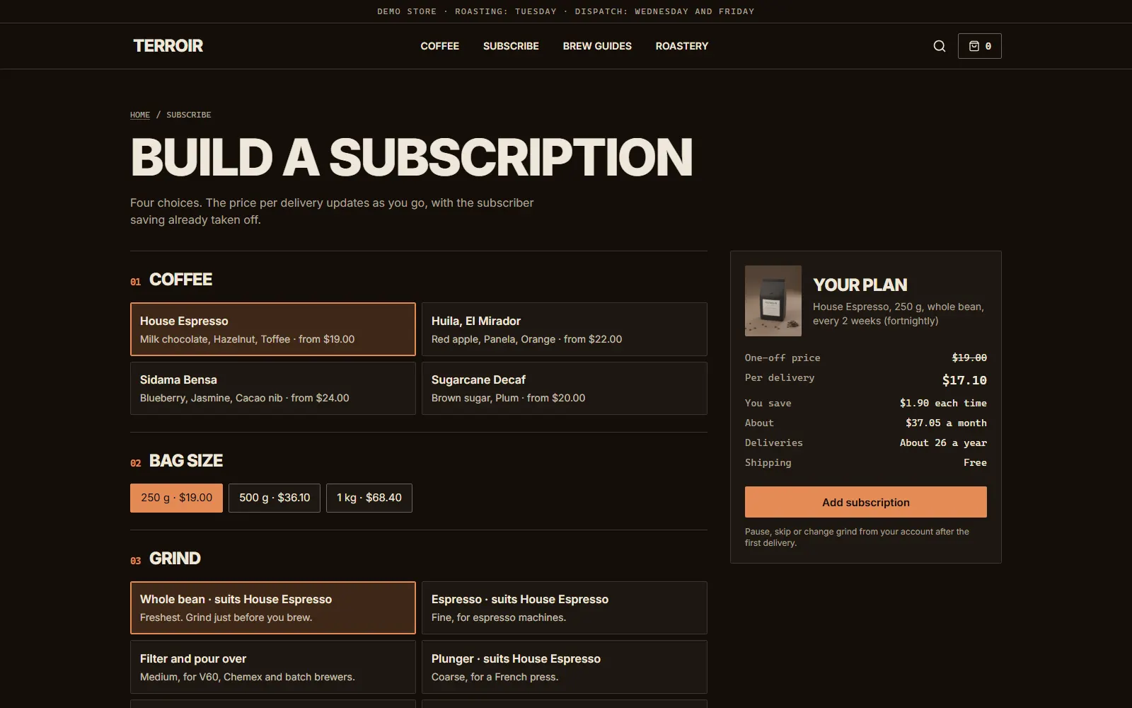 Terroir, Subscription builder page on desktop